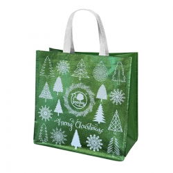 Torba z motywem świątecznym - Merry Christmas - zielona z choinkami - na zakupy i prezenty - 34 x 34 x 20 cm