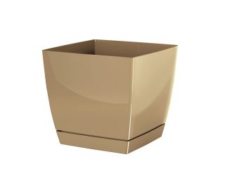 Kwadratowa doniczka z podstawką Coubi - 10 cm - kawa z mlekiem - Prosperplast