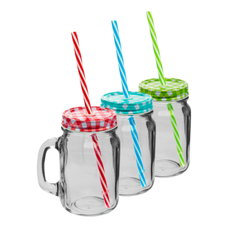 Słoik na lemoniadę z uchem, przykrywką i słomką - 500 ml