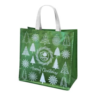 Torba z motywem świątecznym - 34 x 34 x 20 cm - Merry Christmas zielona z choinkami