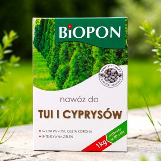 Nawóz do tui i cyprysów - zapewnia szybki wzrost, gęstą koronę i intensywne wybarwienie - Biopon - 1 kg