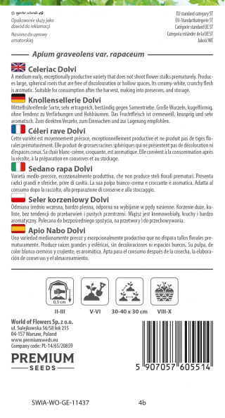 Seler korzeniowy Dolvi - duży korzeń, białokremowy, kruchy miąższ - 900 nasion